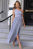 Dusty Blue A-Line One Shoulder Prom Dress with Slit