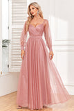 Dusty Rose A-Line Pleated Long Prom Dress With Long Sleeves