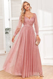 Dusty Rose A-Line Pleated Long Prom Dress With Long Sleeves