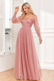 Dusty Rose A-Line Pleated Long Prom Dress With Long Sleeves