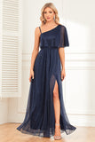 Sparkly Navy A-Line One Shoulder Long Prom Dress with Slit