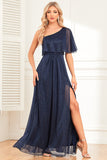 Sparkly Navy A-Line One Shoulder Long Prom Dress with Slit