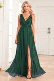 Dark Green A-Line Sparkly V-Neck Pleated Prom Dress with Slit