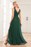 Dark Green A-Line Sparkly V-Neck Pleated Prom Dress with Slit