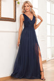 Dark Green A-Line Sparkly V-Neck Pleated Prom Dress with Slit