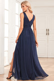 Dark Green A-Line Sparkly V-Neck Pleated Prom Dress with Slit