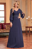 Navy A-Line Long Sleeves Floor Length Wedding Party Dress with Beading