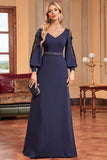 Navy A-Line Long Sleeves Floor Length Wedding Party Dress with Beading