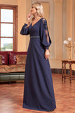 Navy A-Line Long Sleeves Floor Length Wedding Party Dress with Beading