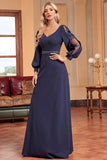 Navy A-Line Long Sleeves Floor Length Wedding Party Dress with Beading