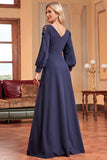 Navy A-Line Long Sleeves Floor Length Wedding Party Dress with Beading