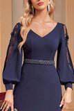 Navy A-Line Long Sleeves Floor Length Wedding Party Dress with Beading