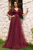 Burgundy A-Line Long Wedding Guest Dress With Cap Sleeves