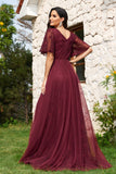 Burgundy A-Line Long Wedding Guest Dress With Cap Sleeves