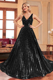 Sparkly Black A-Line Pleated Long Prom Dress with Sequins