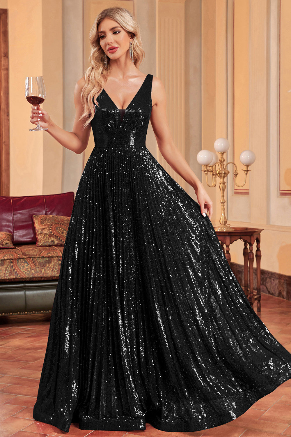 Wedtrend Women Wedding Guest Dress Sparkly Black A-Line Pleated Long Prom Dress with Sequins, Black / L Wedtrend Women Wedding Guest Dress Sparkly Black A-Line Pleated Long Prom Dress with Sequins, Black / L