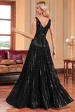 Sparkly Black A-Line Pleated Long Prom Dress with Sequins