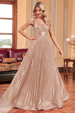 Sparkly Black A-Line Pleated Long Prom Dress with Sequins