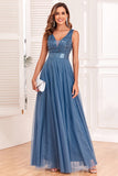 Sparkly Blue A-Line V-Neck Wedding Guest Dress