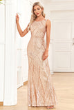 Golden Mermaid Round Neck Sequins Long Prom Dress