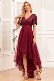 Burgundy A-Line V Neck High Low Prom Dress With Short Sleeves