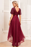 Burgundy A-Line V Neck High Low Prom Dress With Short Sleeves
