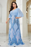 Sparkly Blue Plus Size Floor Length Wedding Party Dress With Short Sleeves