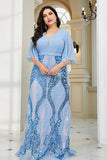 Sparkly Blue Plus Size Floor Length Wedding Party Dress With Short Sleeves