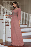 Dusty Rose Sheath Long Sleeves Pleated Wedding Party Dress with Beading