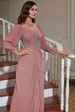 Dusty Rose Sheath Long Sleeves Pleated Wedding Party Dress with Beading