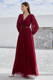 Burgundy A Line Long Sleeves Floor Length Wedding Party Dress