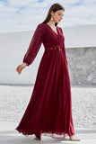 Burgundy A Line Long Sleeves Floor Length Wedding Party Dress