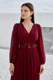 Burgundy A Line Long Sleeves Floor Length Wedding Party Dress