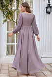 Burgundy A Line Long Sleeves Floor Length Wedding Party Dress