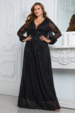 Sparkly Black Plus Size Floor Length Wedding Party Dress With Long Sleeves