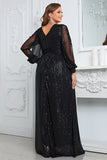 Sparkly Black Plus Size Floor Length Wedding Party Dress With Long Sleeves