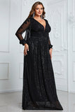 Sparkly Black Plus Size Floor Length Wedding Party Dress With Long Sleeves