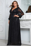 Sparkly Black Plus Size Floor Length Wedding Party Dress With Long Sleeves