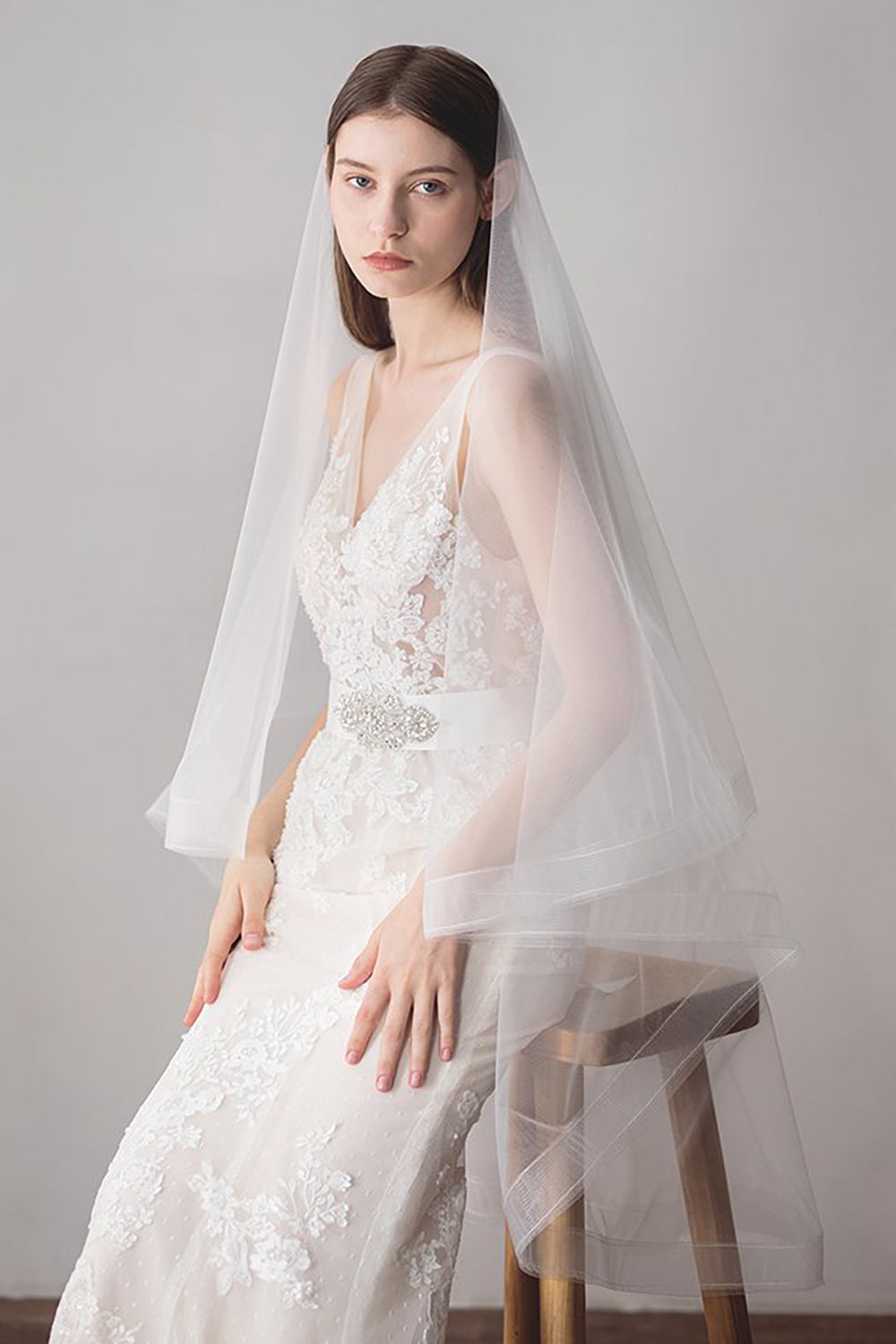 Two Tier Mid-Length Wedding Veil with Sequined Lace Edge