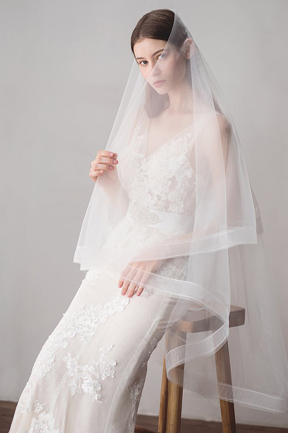 One Blushing Bride Lace Fingertip Wedding Veil, White / Off White / Ivory Bridal Veil White / Fingertip 38-40 inch / No Beading