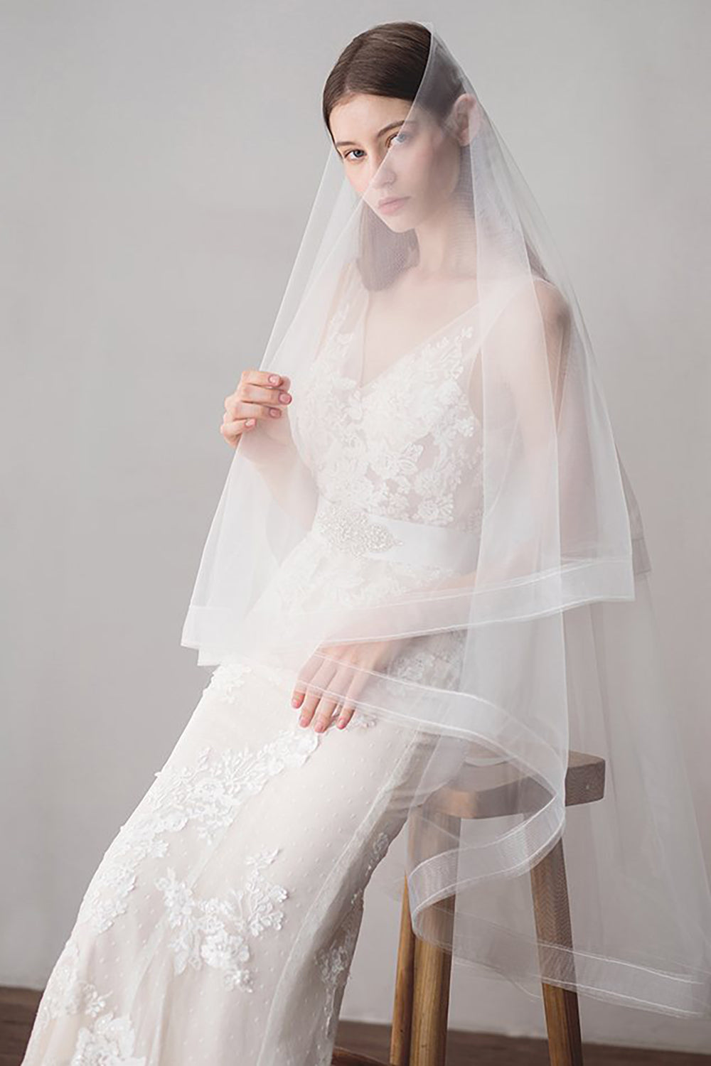 Two Tier Mid-Length Wedding Veil with Sequined Lace Edge