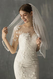 White One-Tier Tulle Fingertip Bridal Party Veil with Appliques