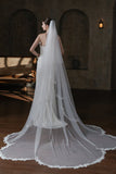 White Long Tulle Two-Tier Cathedral Wedding Veil With Lace