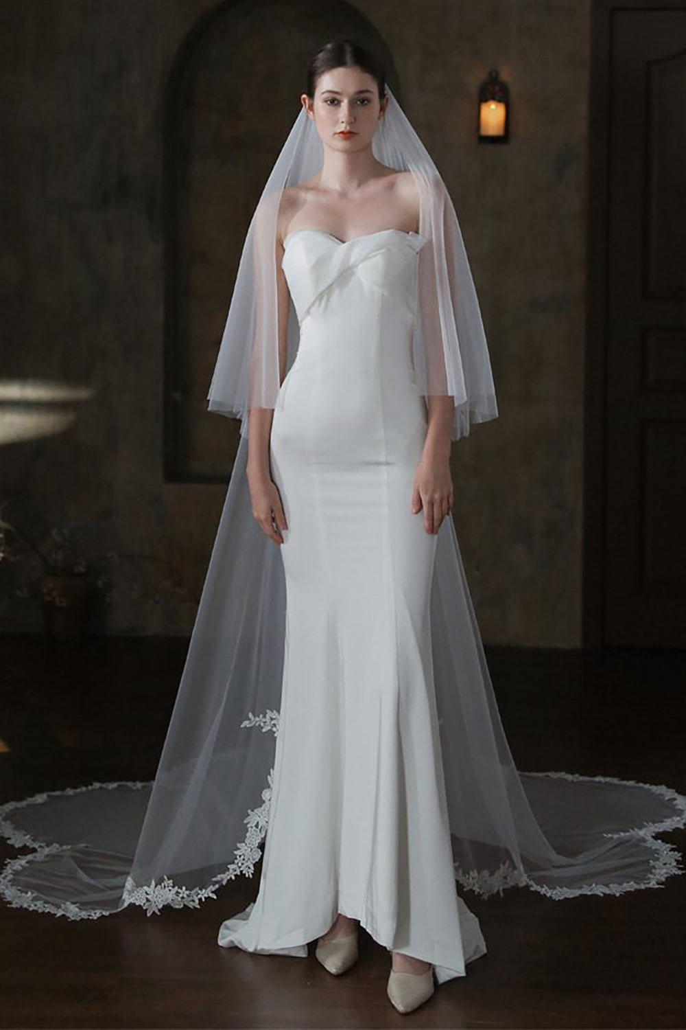 Two Tier Mid-Length Wedding Veil with Sequined Lace Edge