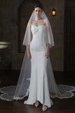 White Long Tulle Two-Tier Cathedral Wedding Veil With Lace