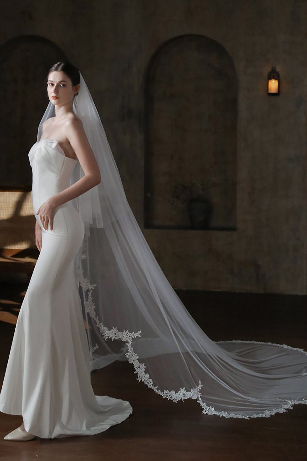 White Long Tulle Two-Tier Cathedral Wedding Veil With Lace