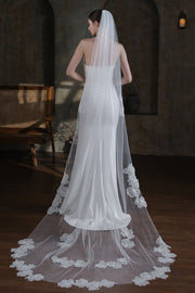 White One-Tier Long Tulle Wedding Veil with Appliques