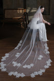 White One-Tier Long Tulle Wedding Veil with Appliques