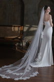 White One-Tier Long Tulle Wedding Veil with Appliques