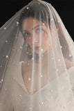 White Two-tier Lace Bridal Veil With Imitation Pearl